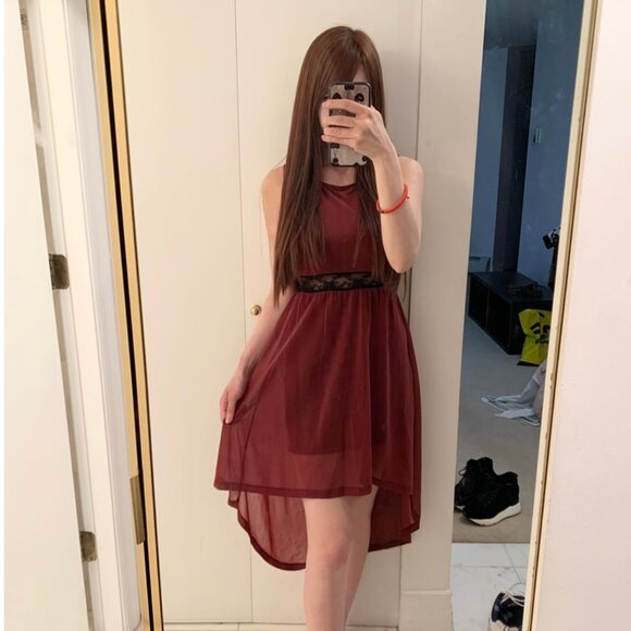 H&M Lace Chiffon High-Low Hem Mesh Burgundy Party Dress Size S - Picture 1 of 5